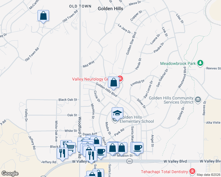 map of restaurants, bars, coffee shops, grocery stores, and more near 21605 Golden Star Boulevard in Tehachapi