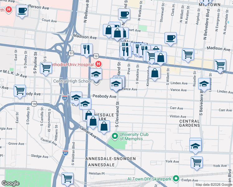 map of restaurants, bars, coffee shops, grocery stores, and more near 1350 Peabody Avenue in Memphis