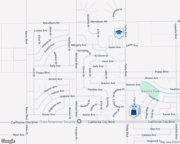 map of restaurants, bars, coffee shops, grocery stores, and more near 66th Street in California City