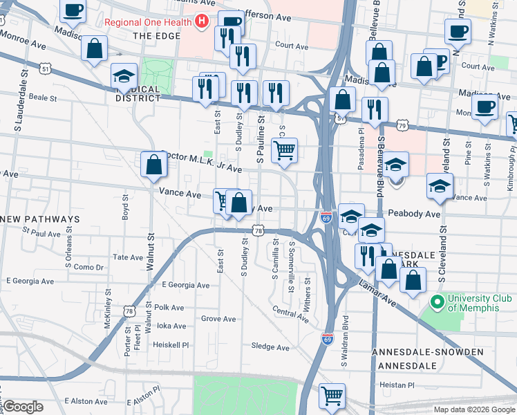 map of restaurants, bars, coffee shops, grocery stores, and more near Peabody Avenue & South Pauline Street in Memphis