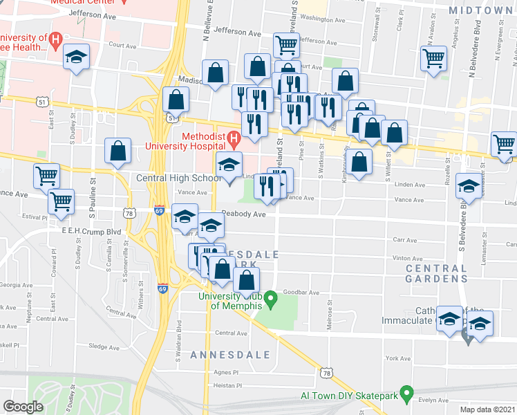 map of restaurants, bars, coffee shops, grocery stores, and more near 1304 Peabody Avenue in Memphis