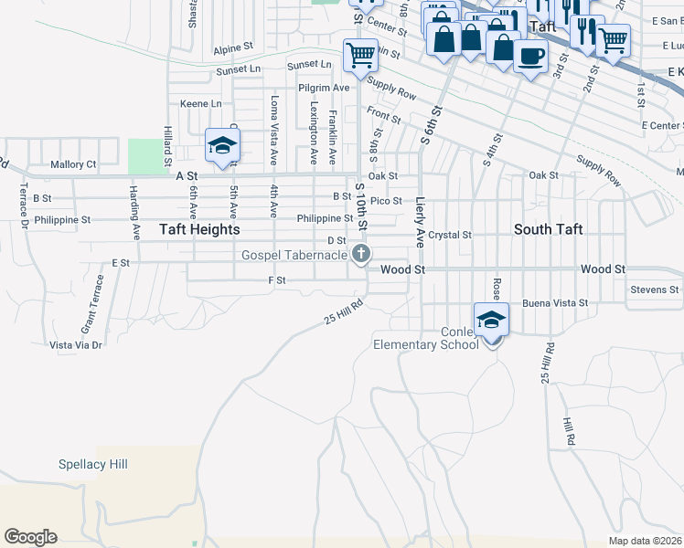 map of restaurants, bars, coffee shops, grocery stores, and more near 507 2nd Avenue in Taft