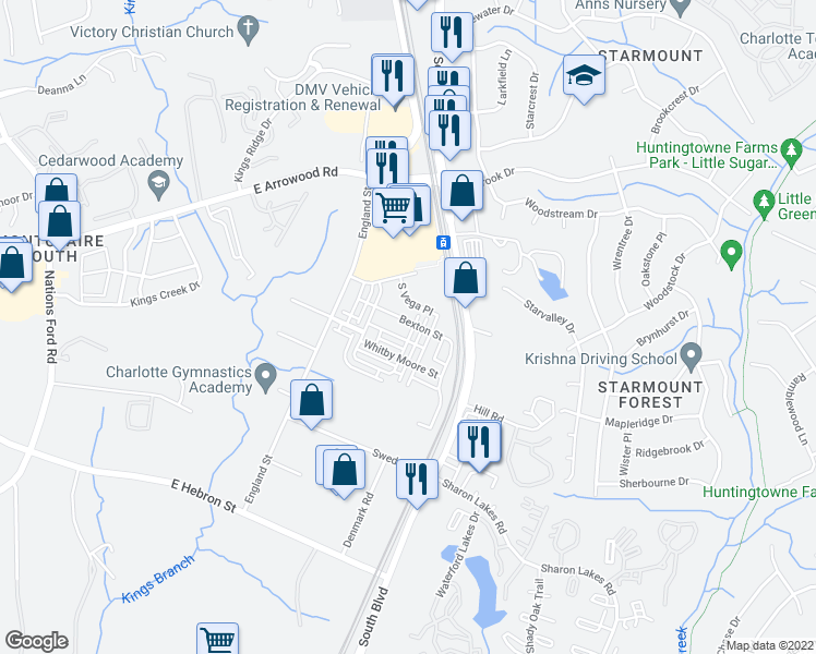 map of restaurants, bars, coffee shops, grocery stores, and more near 1103 Doveridge Street in Charlotte