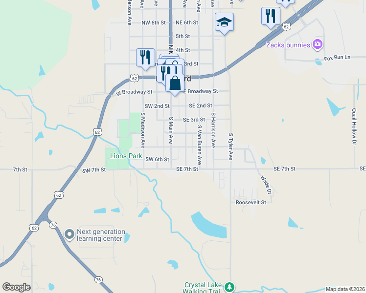 map of restaurants, bars, coffee shops, grocery stores, and more near 421 South Jackson Avenue in Blanchard