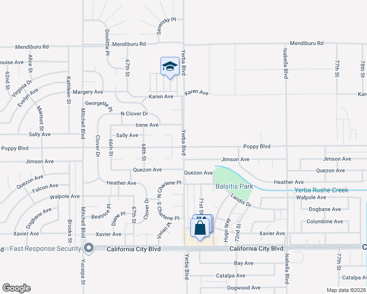 map of restaurants, bars, coffee shops, grocery stores, and more near 6771 Poppy Boulevard in California City