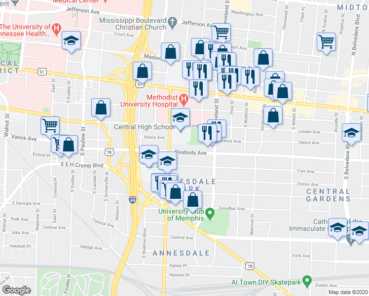 map of restaurants, bars, coffee shops, grocery stores, and more near 1264 Peabody Avenue in Memphis