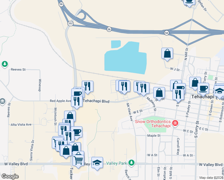 map of restaurants, bars, coffee shops, grocery stores, and more near 801 W Tehachapi Blvd in Tehachapi
