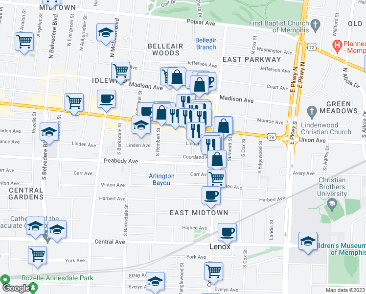 map of restaurants, bars, coffee shops, grocery stores, and more near 2053 Dr Martin Luther King Jr Ave in Memphis