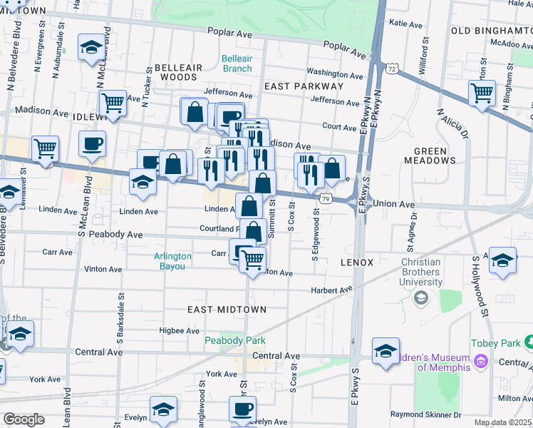 map of restaurants, bars, coffee shops, grocery stores, and more near 187 Summitt Street in Memphis