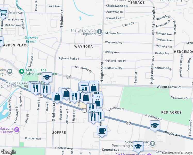 map of restaurants, bars, coffee shops, grocery stores, and more near 38 Northwood Cove in Memphis