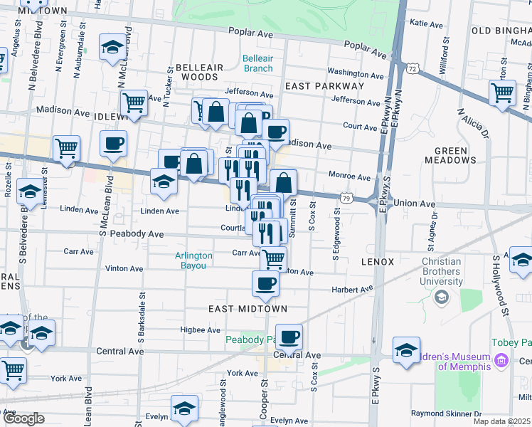 map of restaurants, bars, coffee shops, grocery stores, and more near 2117 Linden Avenue in Memphis