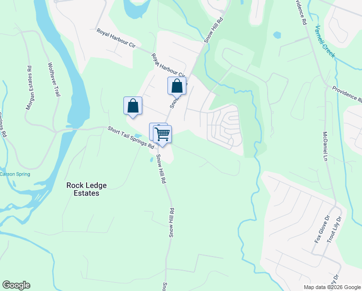 map of restaurants, bars, coffee shops, grocery stores, and more near 7306 Snow Hill Road in Ooltewah