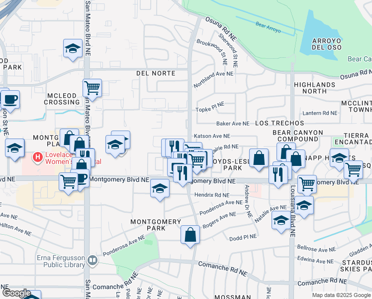 map of restaurants, bars, coffee shops, grocery stores, and more near 4209 San Pedro Drive Northeast in Albuquerque