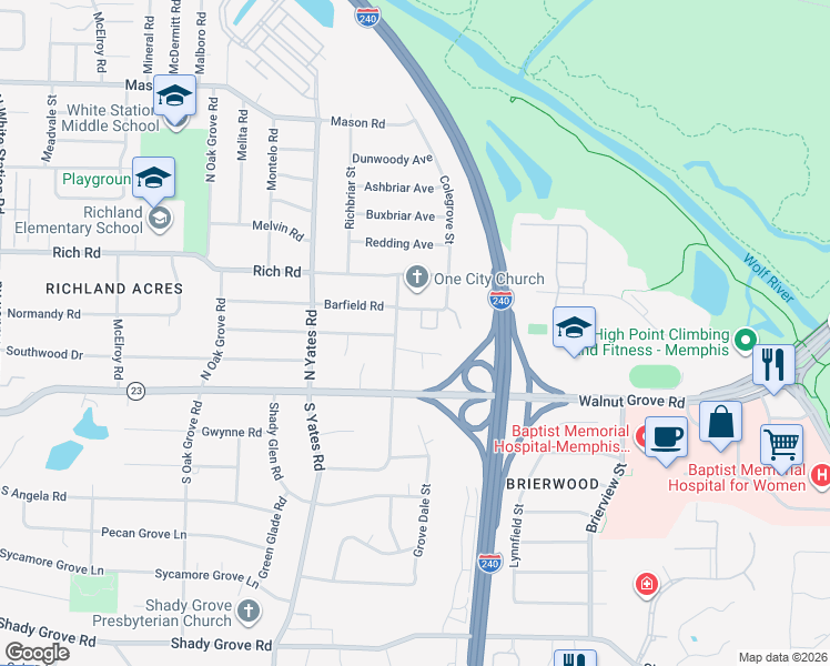 map of restaurants, bars, coffee shops, grocery stores, and more near 5731 Barfield Circle in Memphis
