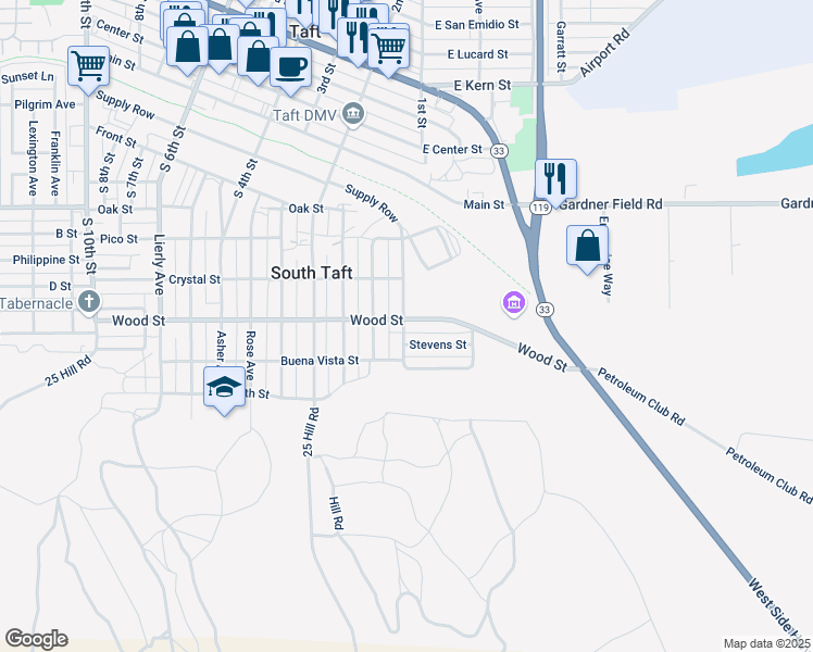 map of restaurants, bars, coffee shops, grocery stores, and more near 1001 Wood Street in Taft