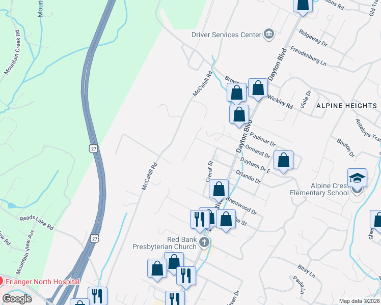 map of restaurants, bars, coffee shops, grocery stores, and more near 4530 Summit Avenue in Chattanooga