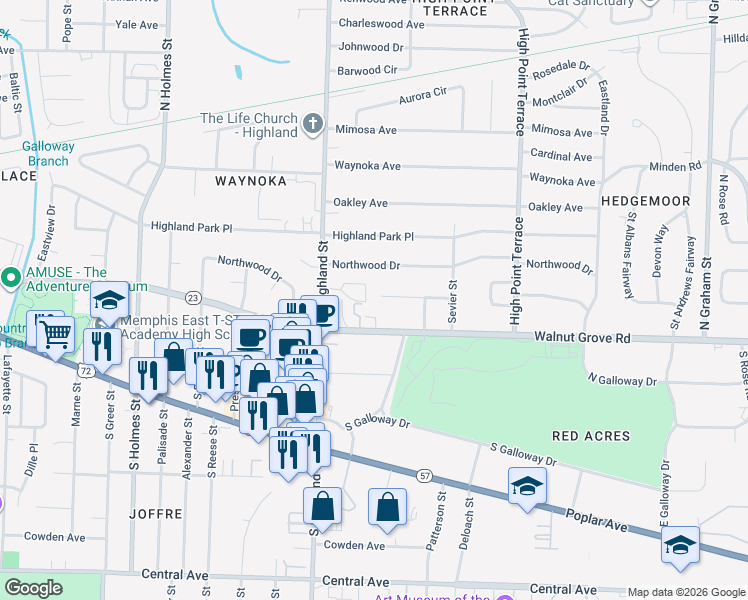 map of restaurants, bars, coffee shops, grocery stores, and more near 3569 Southwood Avenue in Memphis