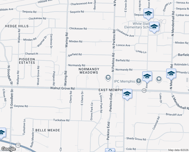 map of restaurants, bars, coffee shops, grocery stores, and more near 65 North Grove Park Road in Memphis