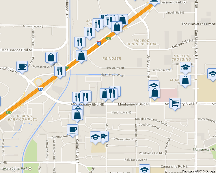 map of restaurants, bars, coffee shops, grocery stores, and more near 4003 Montgomery Boulevard Northeast in Albuquerque