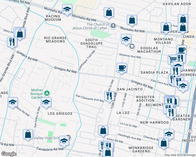 map of restaurants, bars, coffee shops, grocery stores, and more near 1426 Griegos Road Northwest in Albuquerque