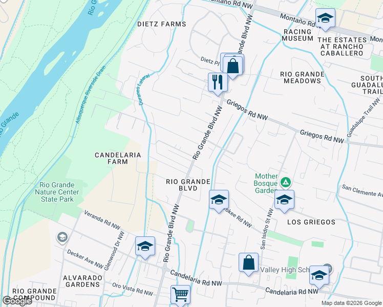 map of restaurants, bars, coffee shops, grocery stores, and more near 1908 Rio Grande Boulevard Northwest in Albuquerque