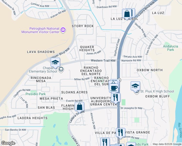 map of restaurants, bars, coffee shops, grocery stores, and more near 5929 Las Cadenas Road Northwest in Albuquerque