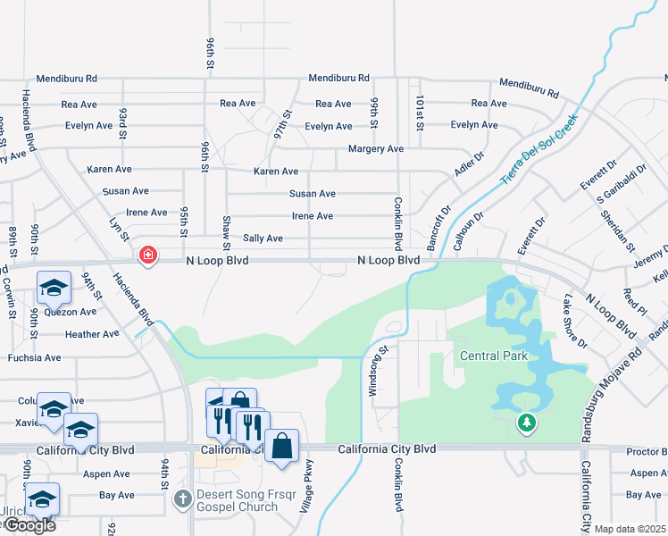 map of restaurants, bars, coffee shops, grocery stores, and more near 9909 North Loop Boulevard in California City