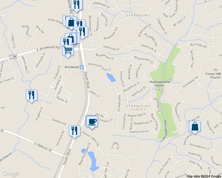 map of restaurants, bars, coffee shops, grocery stores, and more near 7124 Starvalley Drive in Charlotte