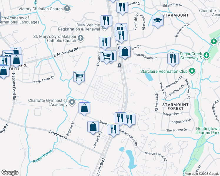 map of restaurants, bars, coffee shops, grocery stores, and more near 1103 Doveridge Street in Charlotte