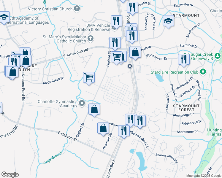 map of restaurants, bars, coffee shops, grocery stores, and more near 1103 Doveridge Street in Charlotte