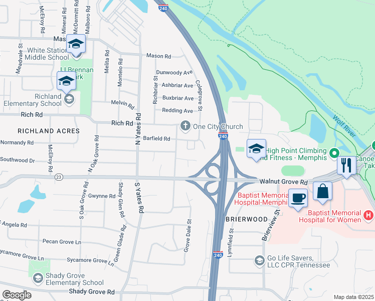 map of restaurants, bars, coffee shops, grocery stores, and more near 5731 Barfield Circle in Memphis