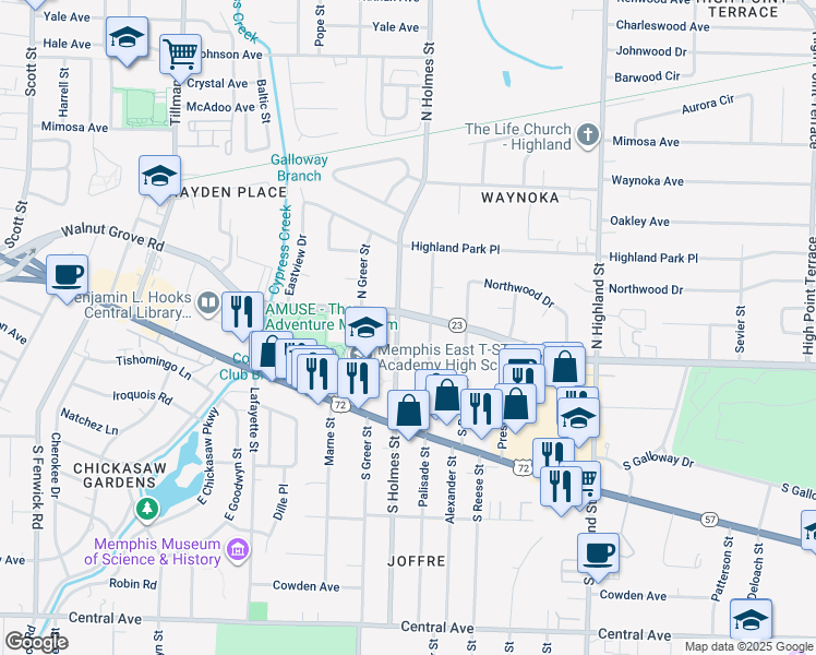 map of restaurants, bars, coffee shops, grocery stores, and more near 43 North Century Street in Memphis