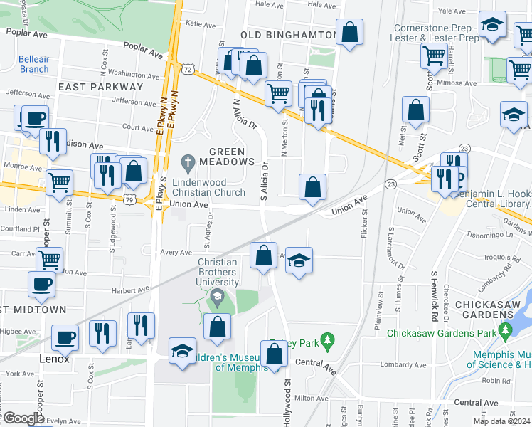 map of restaurants, bars, coffee shops, grocery stores, and more near in Memphis