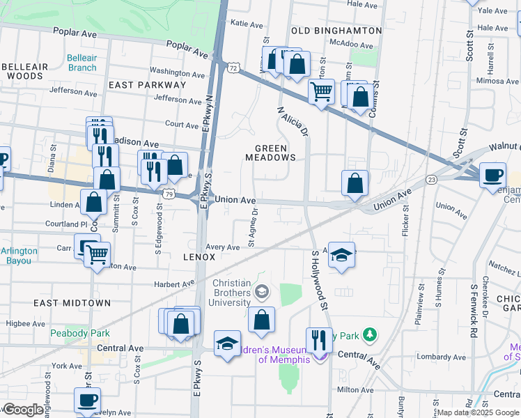 map of restaurants, bars, coffee shops, grocery stores, and more near 118 Saint Agnes Drive in Memphis