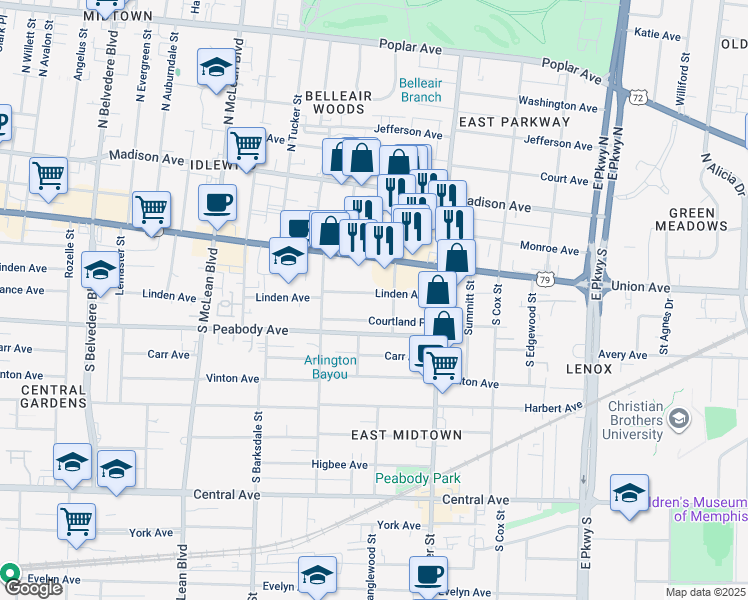 map of restaurants, bars, coffee shops, grocery stores, and more near 2073 Linden Avenue in Memphis