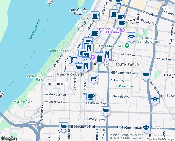 map of restaurants, bars, coffee shops, grocery stores, and more near 108 GE Patterson Avenue in Memphis