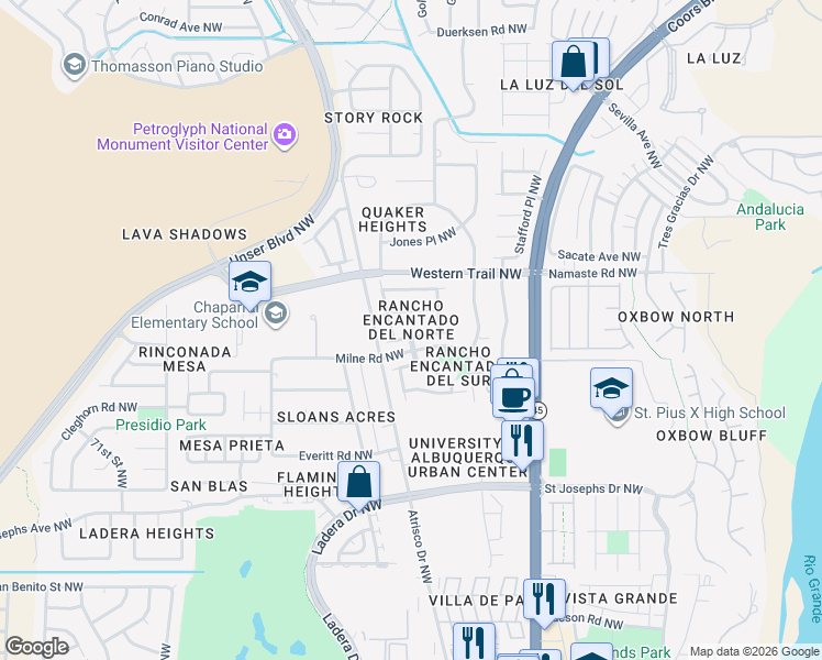 map of restaurants, bars, coffee shops, grocery stores, and more near 5929 Las Cadenas Road Northwest in Albuquerque
