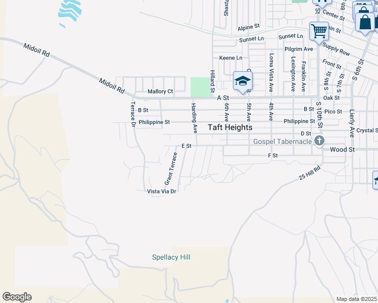 map of restaurants, bars, coffee shops, grocery stores, and more near 504 Washington Avenue in Taft