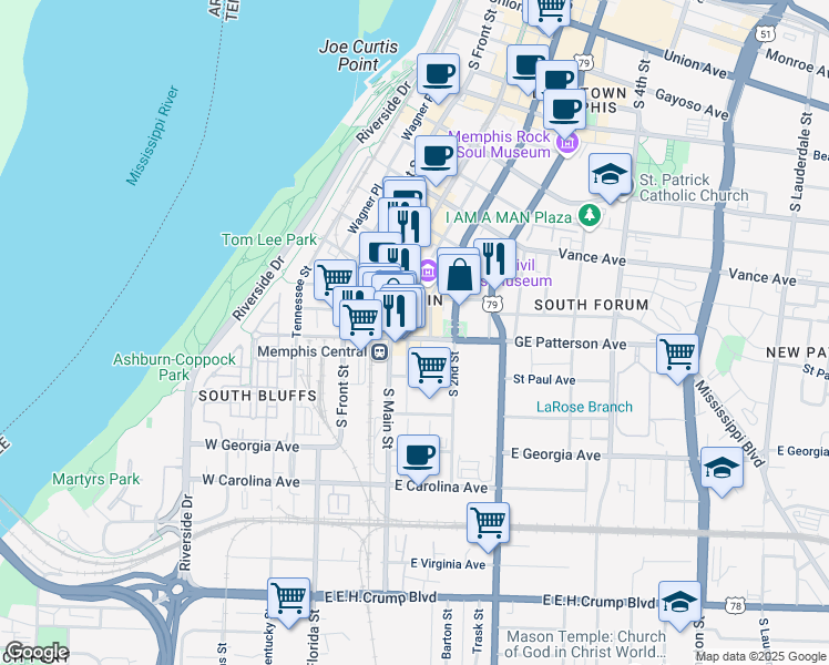 map of restaurants, bars, coffee shops, grocery stores, and more near 108 GE Patterson Avenue in Memphis