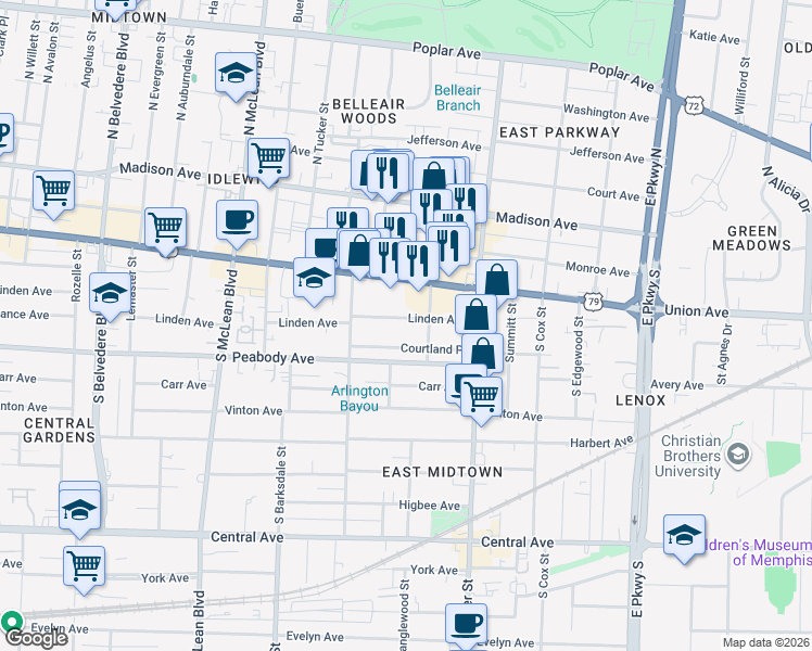 map of restaurants, bars, coffee shops, grocery stores, and more near 2033 Linden Avenue in Memphis