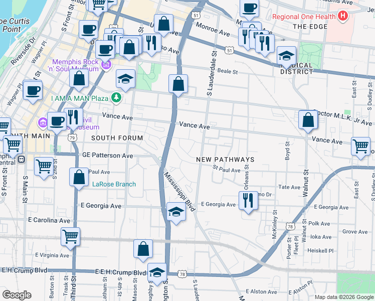 map of restaurants, bars, coffee shops, grocery stores, and more near 397 Nebo Street in Memphis