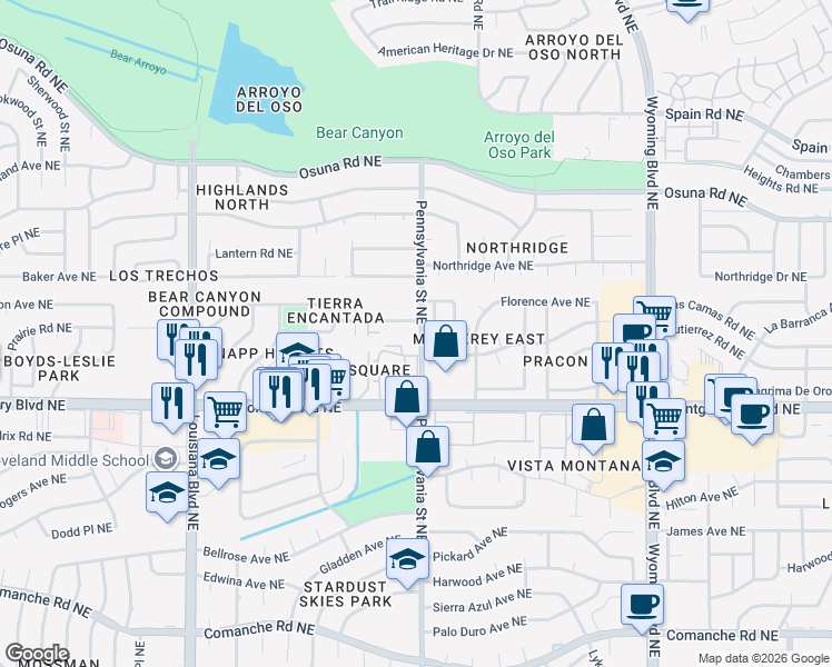 map of restaurants, bars, coffee shops, grocery stores, and more near 7552 Prairie Road Northeast in Albuquerque