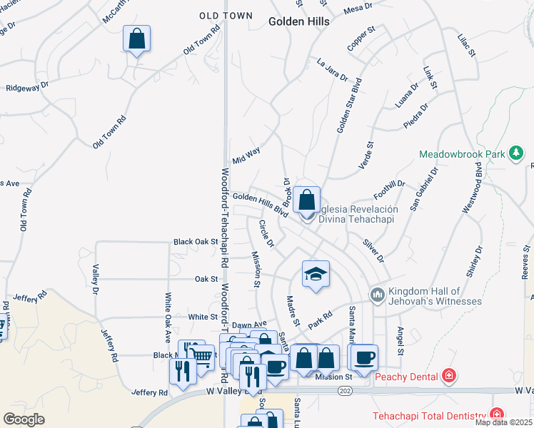 map of restaurants, bars, coffee shops, grocery stores, and more near 21550 Circle Drive in Tehachapi