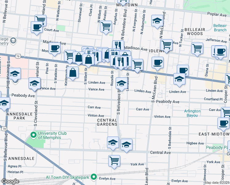map of restaurants, bars, coffee shops, grocery stores, and more near 243 South Belvedere Boulevard in Memphis