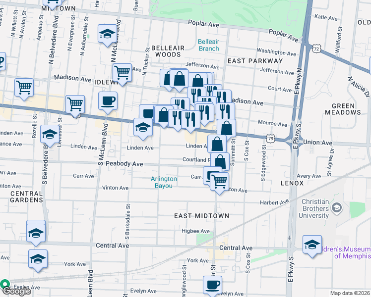 map of restaurants, bars, coffee shops, grocery stores, and more near 2053 Linden Avenue in Memphis