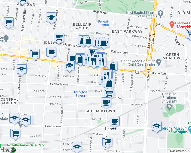 map of restaurants, bars, coffee shops, grocery stores, and more near 2073 Linden Avenue in Memphis