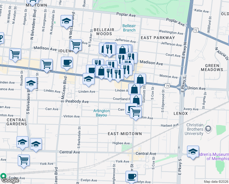 map of restaurants, bars, coffee shops, grocery stores, and more near 2053 Linden Avenue in Memphis