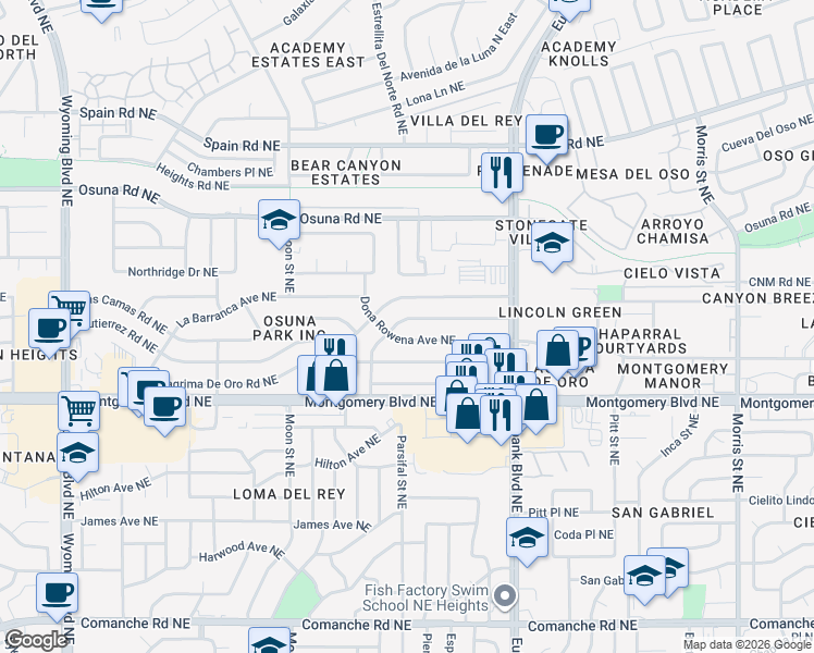 map of restaurants, bars, coffee shops, grocery stores, and more near 9412 Dona Marguerita Avenue Northeast in Albuquerque