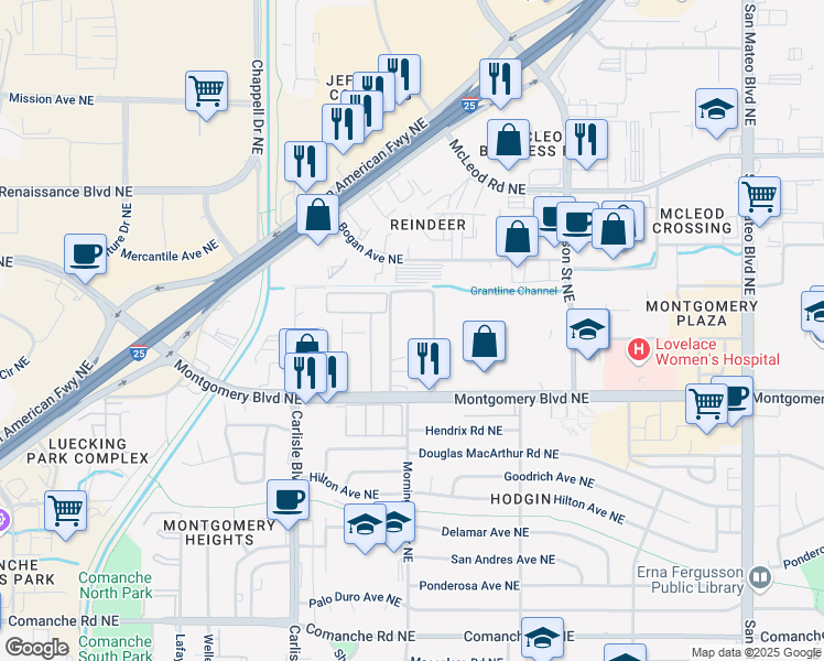 map of restaurants, bars, coffee shops, grocery stores, and more near 4003 Montgomery Boulevard Northeast in Albuquerque