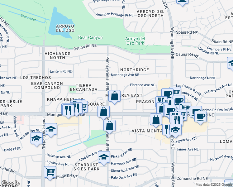 map of restaurants, bars, coffee shops, grocery stores, and more near 4713 Tennessee Place Northeast in Albuquerque